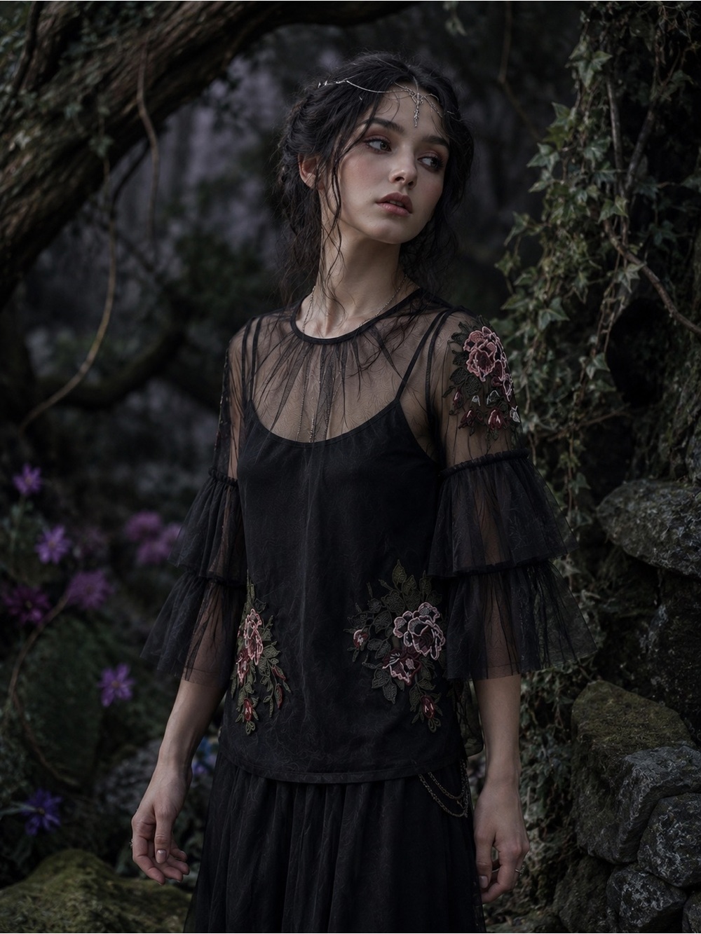 Black Sheer Mesh‎ Embroidered Floral Fairycore Top XS Goth Romantic Boho